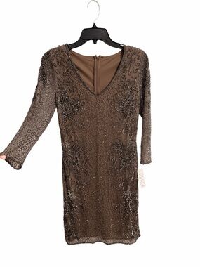 Pisarro Nights Grey/Taupe Beaded Mesh Long Sleeve Cocktail Dress Size 8